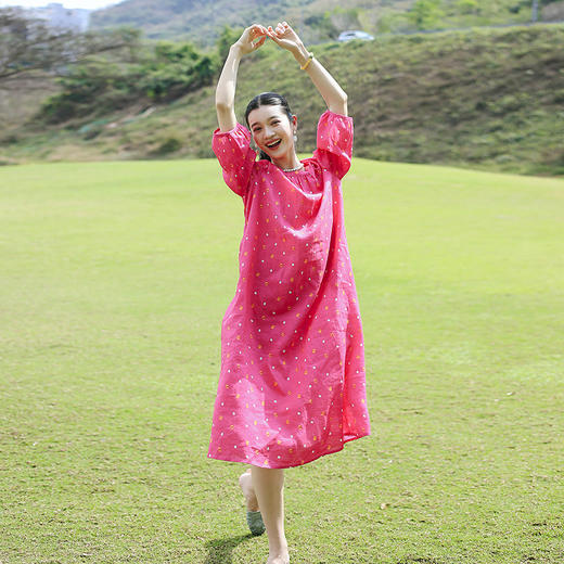 绽放旅行女装202朵/雨点裙春季小波点印花灯笼袖文艺七分袖连衣裙 商品图1