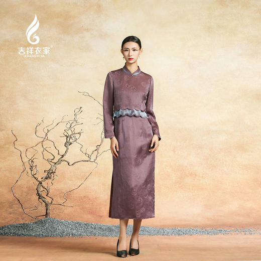 吉祥衣家新中式国风春夏新款高端气质显瘦修身女装黛紫霓裳连衣裙 商品图0
