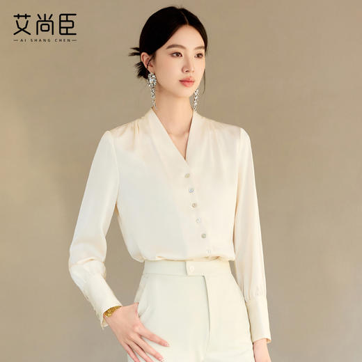 艾尚臣纯色高端轻奢气质女士长袖衬衫女2025早春高级感上衣衬衣滑 商品图1