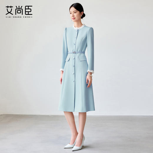艾尚臣蓝色连衣裙女2025春新款木耳边拼色简约纯色长袖裙子工作服 商品图4