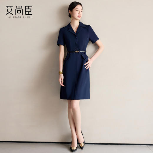 艾尚臣藏青色收腰显瘦连衣裙女2025新款高级感气质A字职业工作服 商品图4