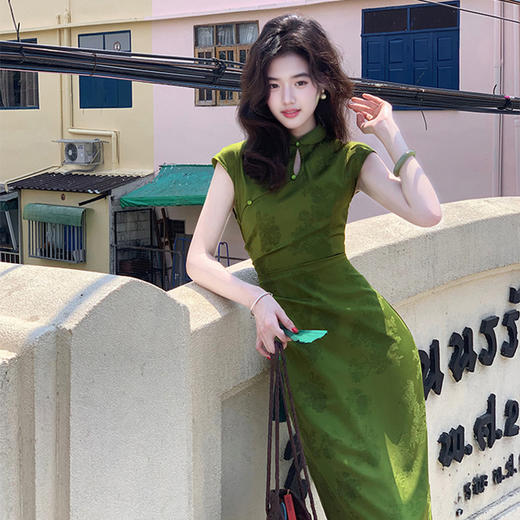 西遇新中式改良旗袍女夏季新款提花水滴领修身无袖连衣裙SS150342 商品图4