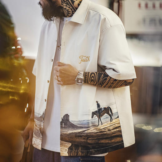 工装优选美式复古纪念碑谷古巴领衬衫短袖印花vintage衬衣男春夏 商品图0