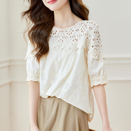 百媚生 纯棉蕾丝镂空短袖衬衫女38082DX 商品图2