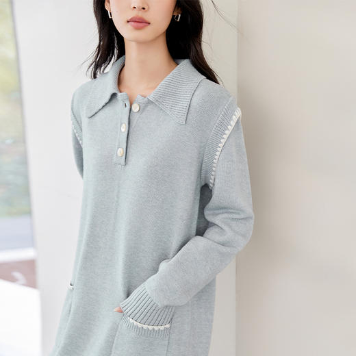 IC  POLO领针织贝壳刺绣设计连衣裙女新款秋气质通勤长裙 商品图3