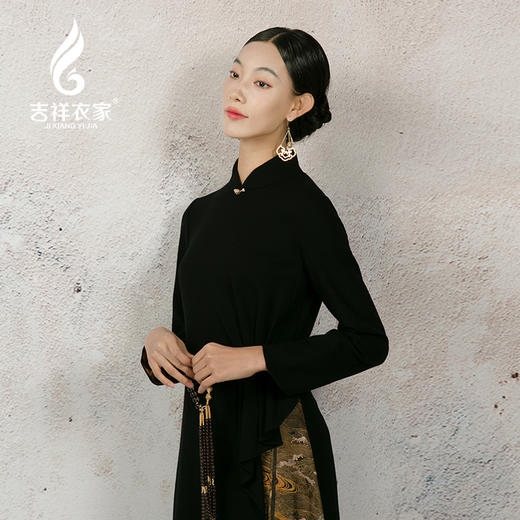 吉祥衣家新中式国风绵羊毛连衣裙高端气质显瘦修身女装玄云连衣裙 商品图3