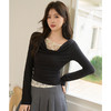 【蕾丝拼接】纯欲性感荡领长袖T恤女褶皱收腰上衣V0050359 商品缩略图3