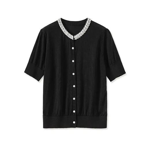 【高货wl】全新升级【铂金会员192/天猫259/差价67】(73233) 洛诗琳法式轻奢重工钉珠圆领短袖针织开衫名媛气质上衣 商品图4