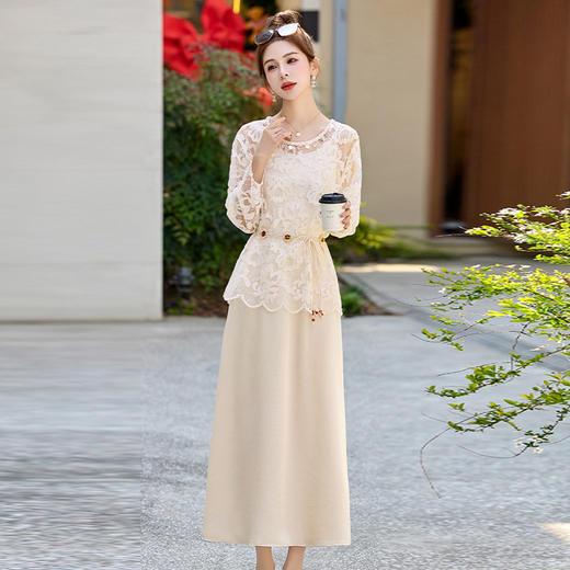 2025年夏季镂空蕾丝腰带新款两件套裙时尚气质百搭连衣裙气质甜美YRX9226 商品图3