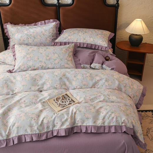 自然醒40支13070全棉荷叶双层花边款四件套100纯棉小清新床单被套三件套床上用品JY 商品图6