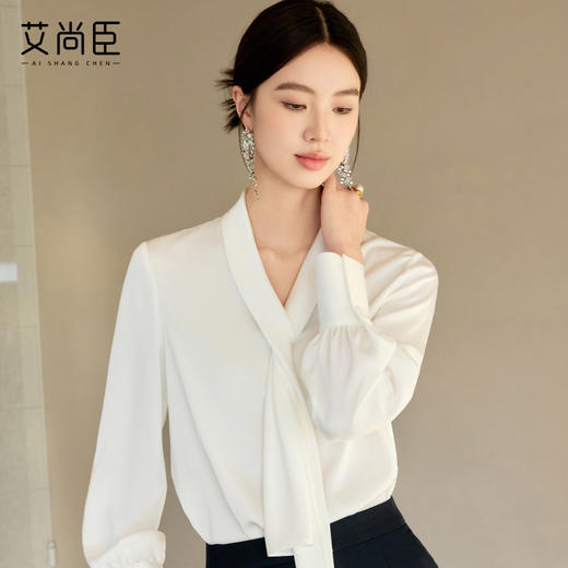 艾尚臣白色小众时尚洋气飘带衬衫女春秋季新款高级感时髦上衣衬衣 商品图0