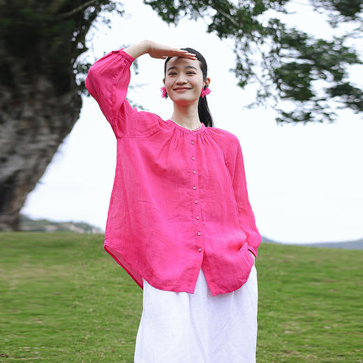 绽放旅行女装180朵/苎麻天丝绉布立领开襟插肩吸湿透气九分袖衬衫 商品图1