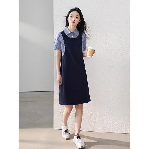 【专属特价】熙世界通勤优雅格纹衬衫领拼接裙子短袖假两件连衣裙女2025夏新款 商品图3