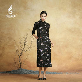 吉祥衣家新中式国风春夏新款高端气质显瘦修身女装百蝶图连衣裙