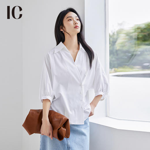 IC 法式气质七分短袖斜门襟衬衫宽松V领上衣休闲百搭衬衣外套女夏 商品图2