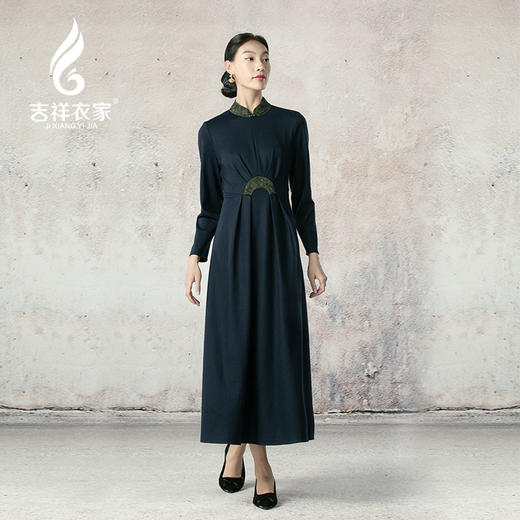 吉祥衣家新中式国风羊毛春秋季款气质优雅轻奢女装林下幽姿连衣裙 商品图0