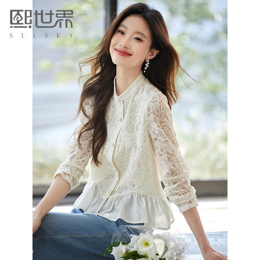 熙世界法式镂空蕾丝衬衫女长袖2025春秋新款休闲漂亮白色小衫上衣 商品图0