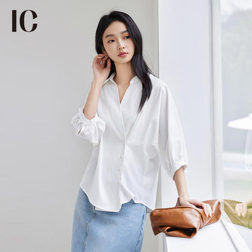 IC 法式气质七分短袖斜门襟衬衫宽松V领上衣休闲百搭衬衣外套女夏 商品图0