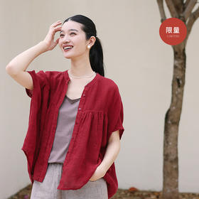 绽放旅行女装173朵/稀疏亚麻连肩中袖立领宽松版型休闲文艺衬衫