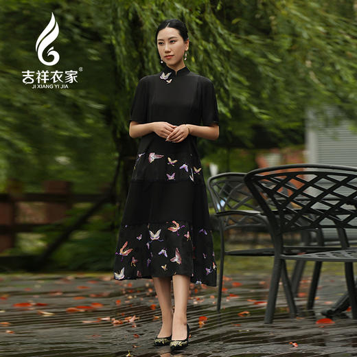 吉祥衣家新中式国风夏新款高端气质显瘦修身女装晓蝶趁风连衣裙 商品图0