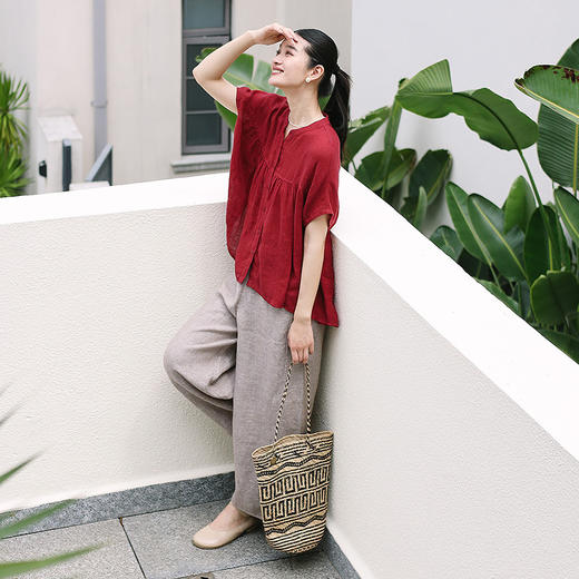 绽放旅行女装173朵/稀疏亚麻连肩中袖立领宽松版型休闲文艺衬衫 商品图2