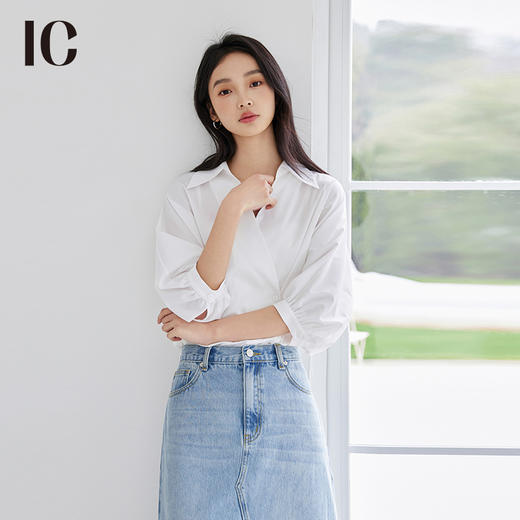 IC 法式气质七分短袖斜门襟衬衫宽松V领上衣休闲百搭衬衣外套女夏 商品图1