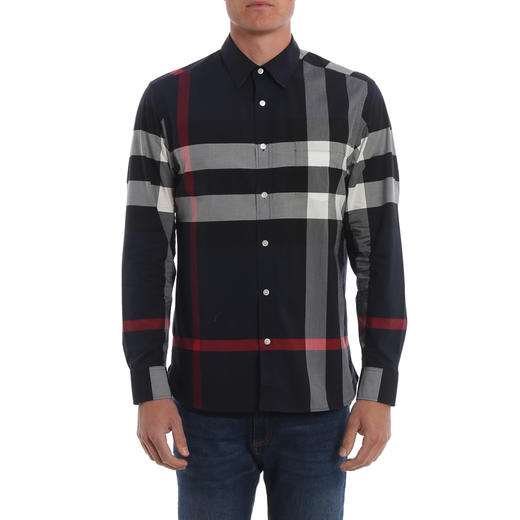 BURBERRY 巴宝莉 男士弹力棉质长袖衬衫 深蓝色 8004829 A1960 商品图1