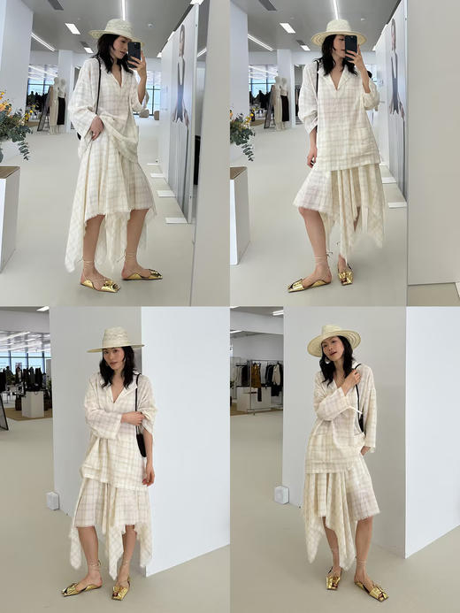 HIDEMI 极简设计感进口艺术感雕花色织格纹自然环保工艺原麻色西装翻领大口袋廓形上衣半裙套装 上衣/不规则半裙 商品图1