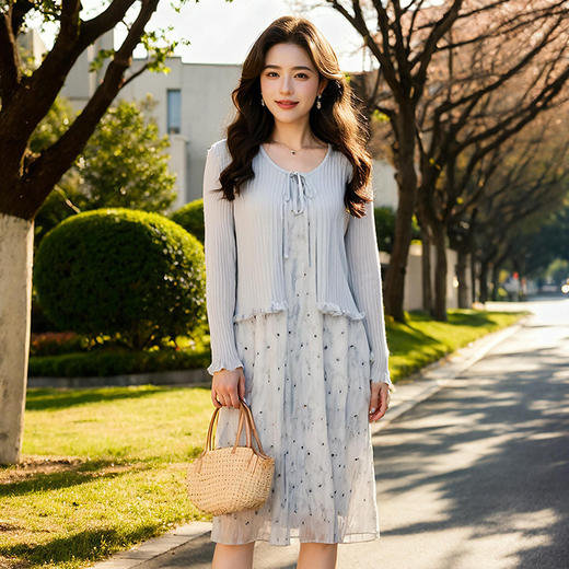 奢姿大码女装2025夏季减龄蝴蝶结针织碎花两件套胖妹妹时尚9952935028 商品图4