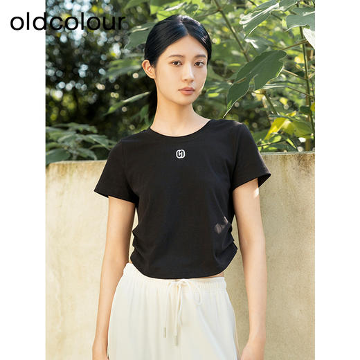oldcolour夏季新款纯色简约通勤百搭短款短袖T恤女Q240204A1 商品图0
