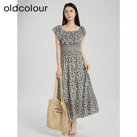 oldcolour夏季新款优雅气质一字领短袖碎花蛋糕连衣裙女Q281009A1