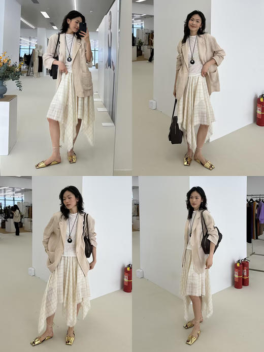 HIDEMI 极简设计感进口艺术感雕花色织格纹自然环保工艺原麻色西装翻领大口袋廓形上衣半裙套装 上衣/不规则半裙 商品图2