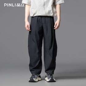 PINLI品立2025夏季新款褶皱设计感休闲裤潮牌男百搭宽松直筒长裤GD252117313