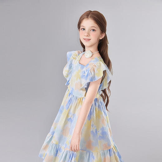 笛莎Deesha 童装女童连衣裙2025夏新款女童花版印花飞袖连衣裙 商品图1