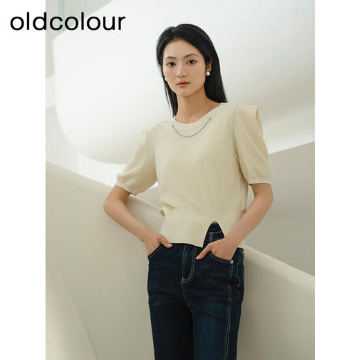 oldcolour夏季新款杏色时尚通勤简约百搭短款套头上衣女Q280503A1 商品图2