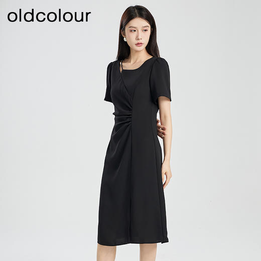 oldcolour夏季新款黑色优雅气质高级感设计感短袖连衣裙女Q221001A1 商品图1