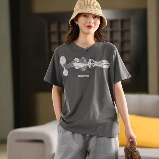 雀说新款立体卡通刺绣棉短袖女圆领套头衫休闲T恤上衣AL242 商品图1