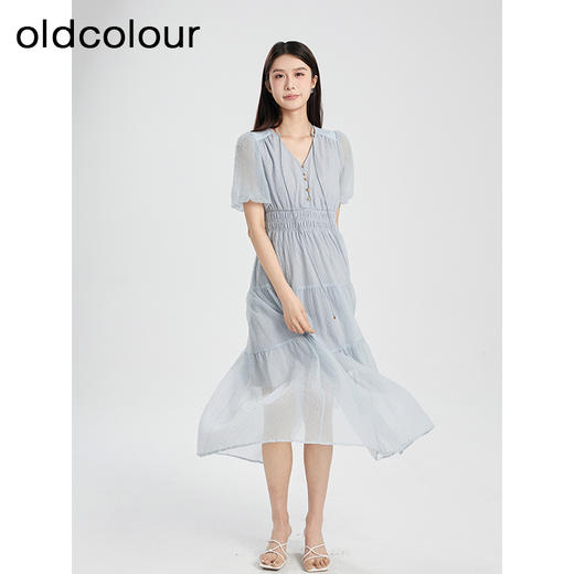 oldcolour夏季新款纯色小清新气质高腰短袖蛋糕连衣裙女Q251005A1 商品图5