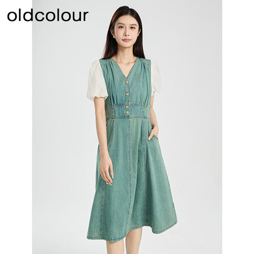 oldcolour夏季新款复古气质拼接V领中长款牛仔连衣裙女Q281023A1 商品图0