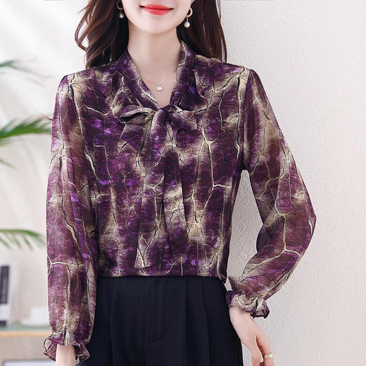 法式时尚雪纺飘带气质上衣，云锦丝荷叶领显瘦百搭衬衣KQL-E324N1408 商品图1