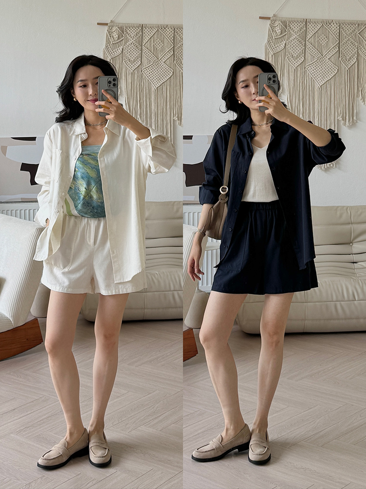 亚麻混纺 宽松简约休闲感衬衣&短裤套装