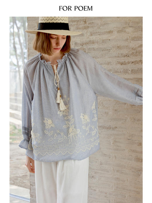 ForPoem 现货 25/SS原创设计100棉泡泡袖系带花朵刺绣度假风罩衫 商品图2