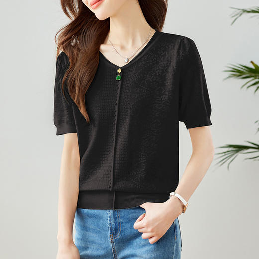 雀说提花针织衫新款短袖气通勤休闲圆领冰丝薄款透气AL45054 商品图5