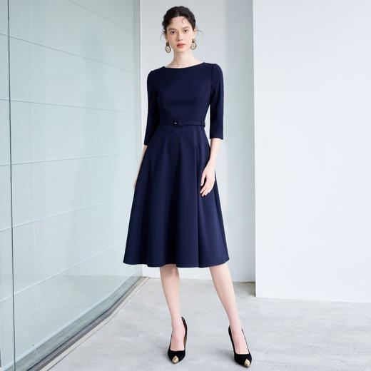 IWY/大方得体连衣裙新款今年流行爆款藏青色法式圆领中长款伞裙Q1265 商品图2