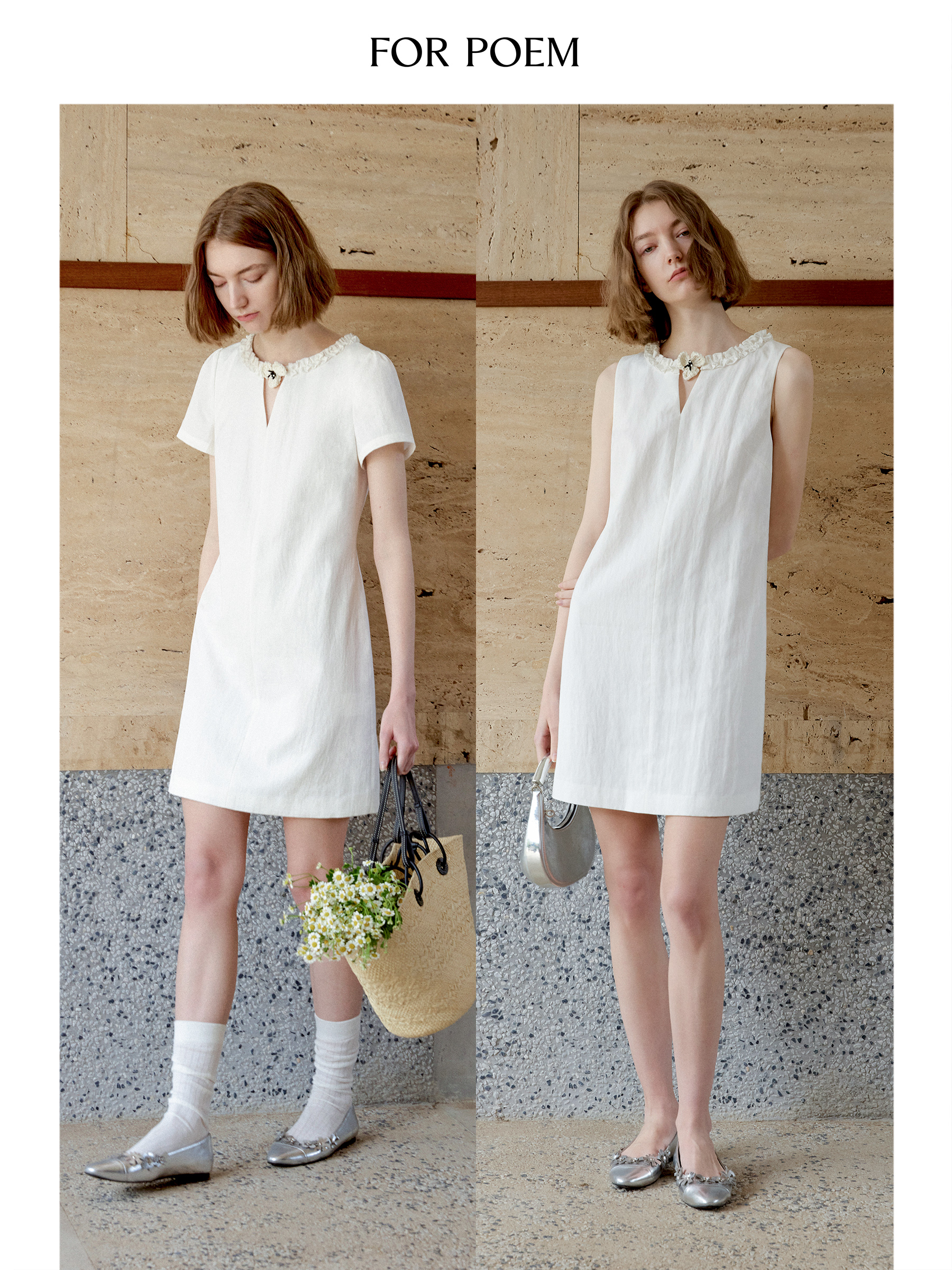 ForPoem 现货 25/SS原创设计拉菲草花朵短袖无袖收腰显瘦白色连衣裙