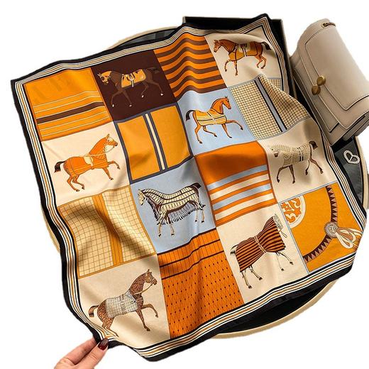 丁摩 春季新款骏马拼接真丝丝巾女欧美时尚复古70*70cm桑蚕丝方巾5ZF-3313 商品图4