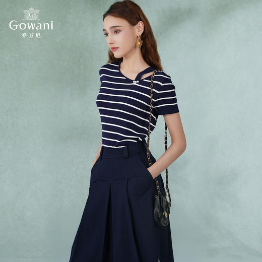 乔万尼薄款小香风设计感早春针织衫条纹宽松夏款短袖上衣EI2M819 商品图2