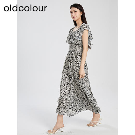 oldcolour夏季新款优雅气质一字领短袖碎花蛋糕连衣裙女Q281009A1 商品图1