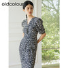 oldcolour夏季新款优雅气质高腰V领短袖碎花连衣裙女Q281018A1 商品缩略图0