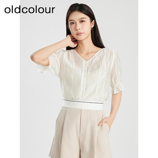 oldcolour夏季新款纯色简约宽松V领薄款百搭短袖衬衫女Q250102A1 商品图1